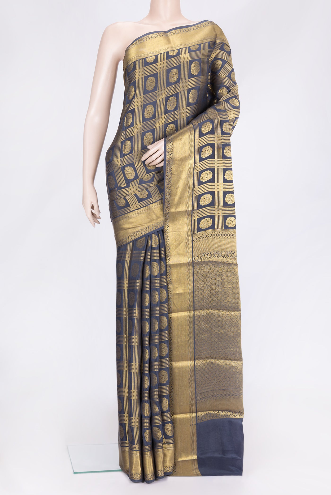 Grey Dual Tone Mysore Georgette Saree with Zari Brocade on the body and Zari Border.  displayed on a mannequin