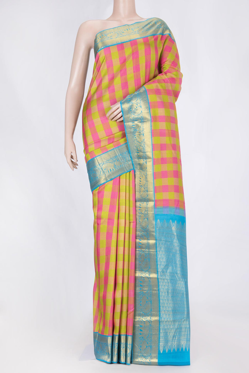 Parrot Green and Pink Color Kanchipuram Saree with Jacquard design on the body and Zari Border displayed on a mannequin