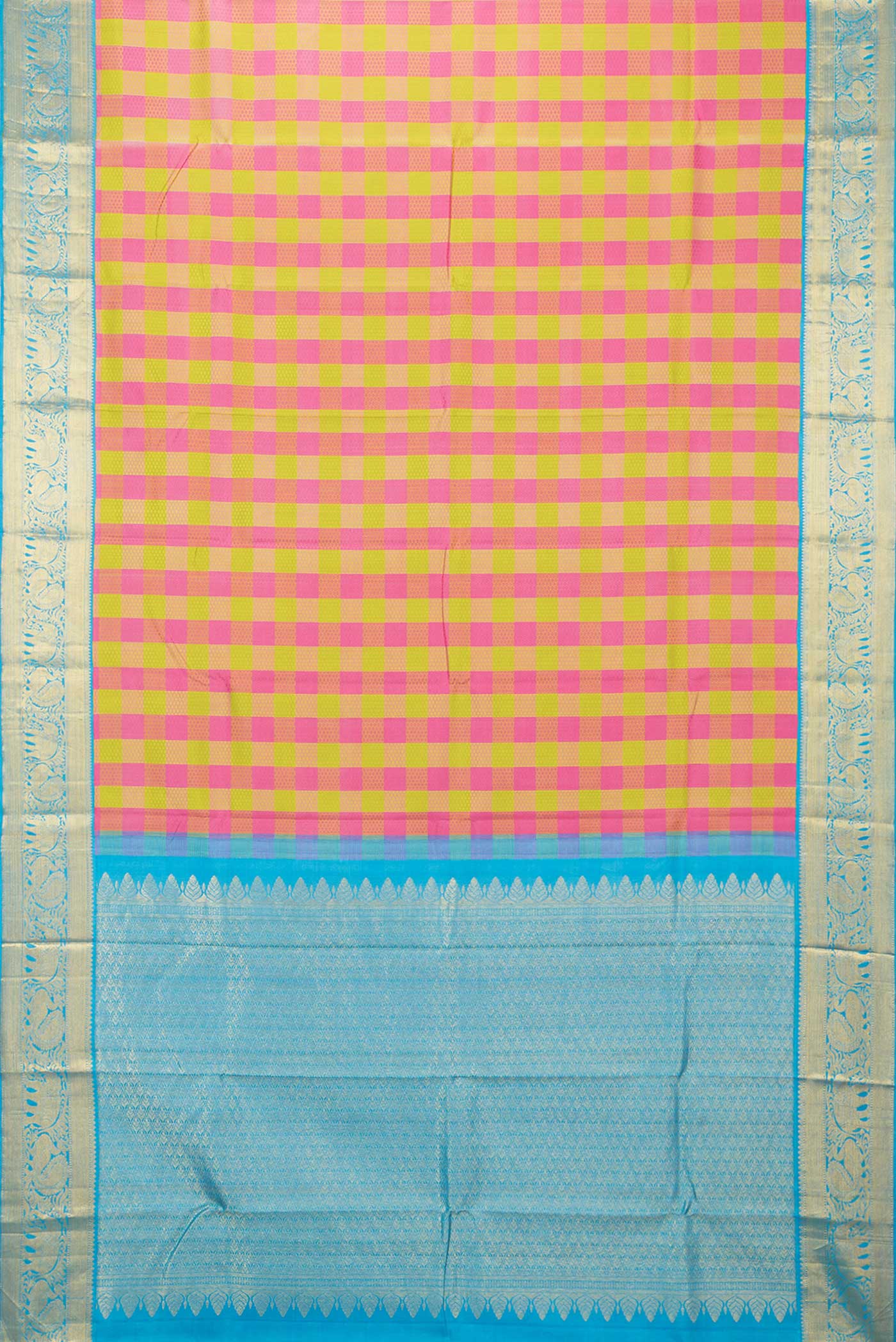 Flat view of Parrot Green and Pink Color Kanchipuram Saree with Jacquard design on the body and Zari Border