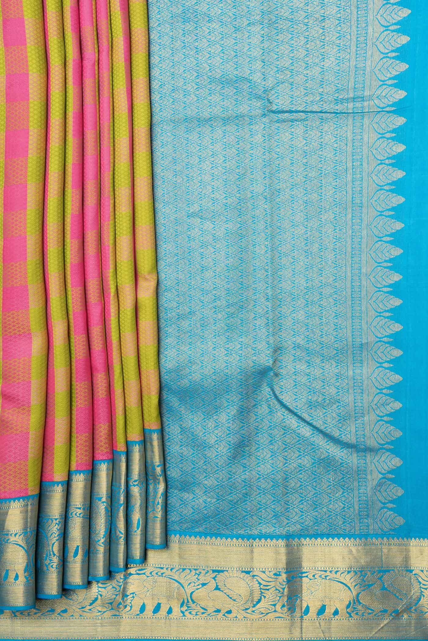 Pleats and pallu of Parrot Green and Pink Color Kanchipuram Saree with Jacquard design on the body and Zari Border