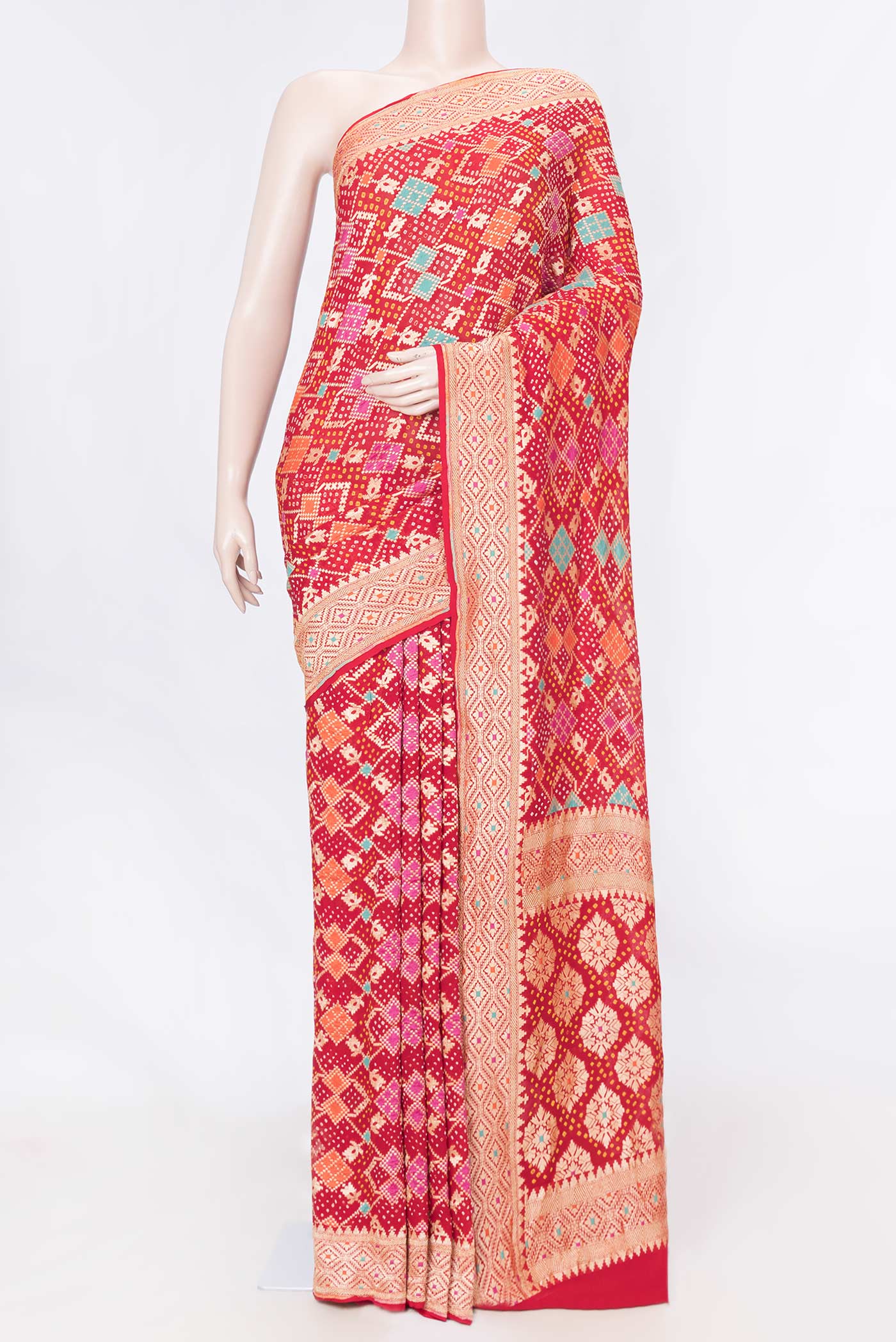 Red Dual Tone Banarasi Georgette Saree with Zari Brocade on the body and Zari Border displayed on a mannequin