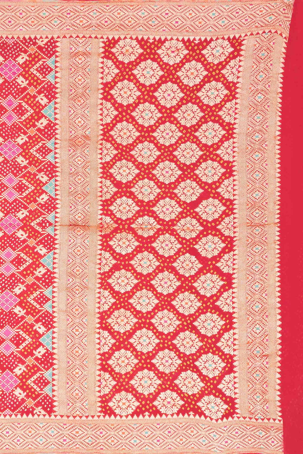 Close up image of the pallu of Red Dual Tone Banarasi Georgette Saree with Zari Brocade on the body and Zari Border