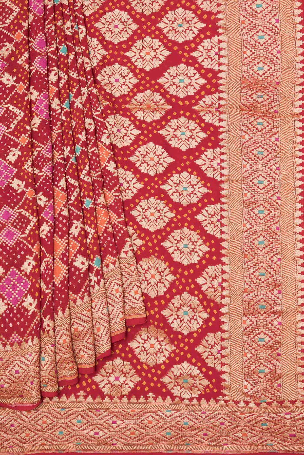 Pleats and pallu of Red Dual Tone Banarasi Georgette Saree with Zari Brocade on the body and Zari Border
