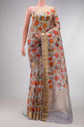 Grey Dual Tone Organza Silk Saree with Printed design on the body and Zari Border.  displayed on a mannequin