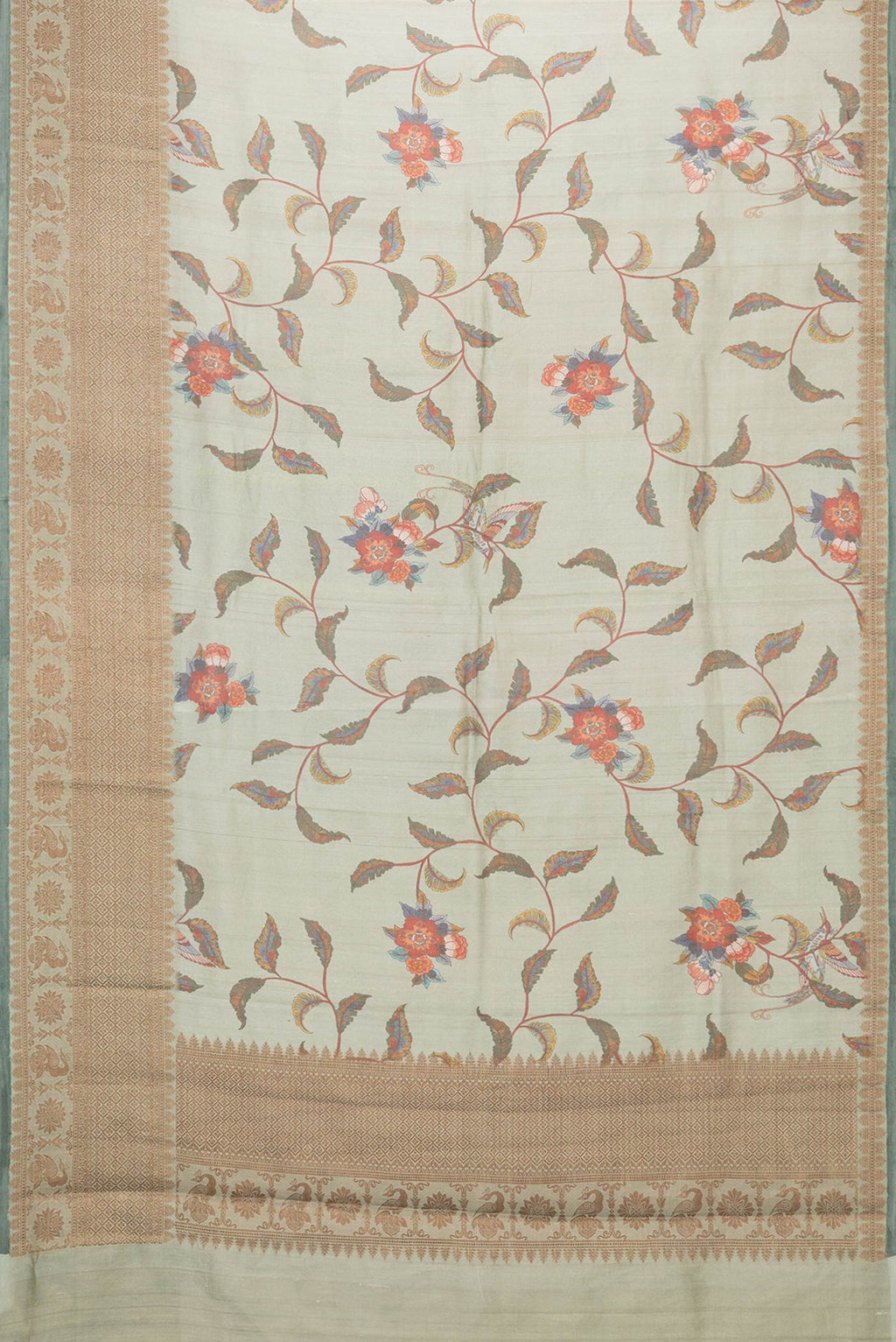 Flat view of Pista Green Dual Tone Tussar Silk Saree with Printed design on the body and Thread Border. 