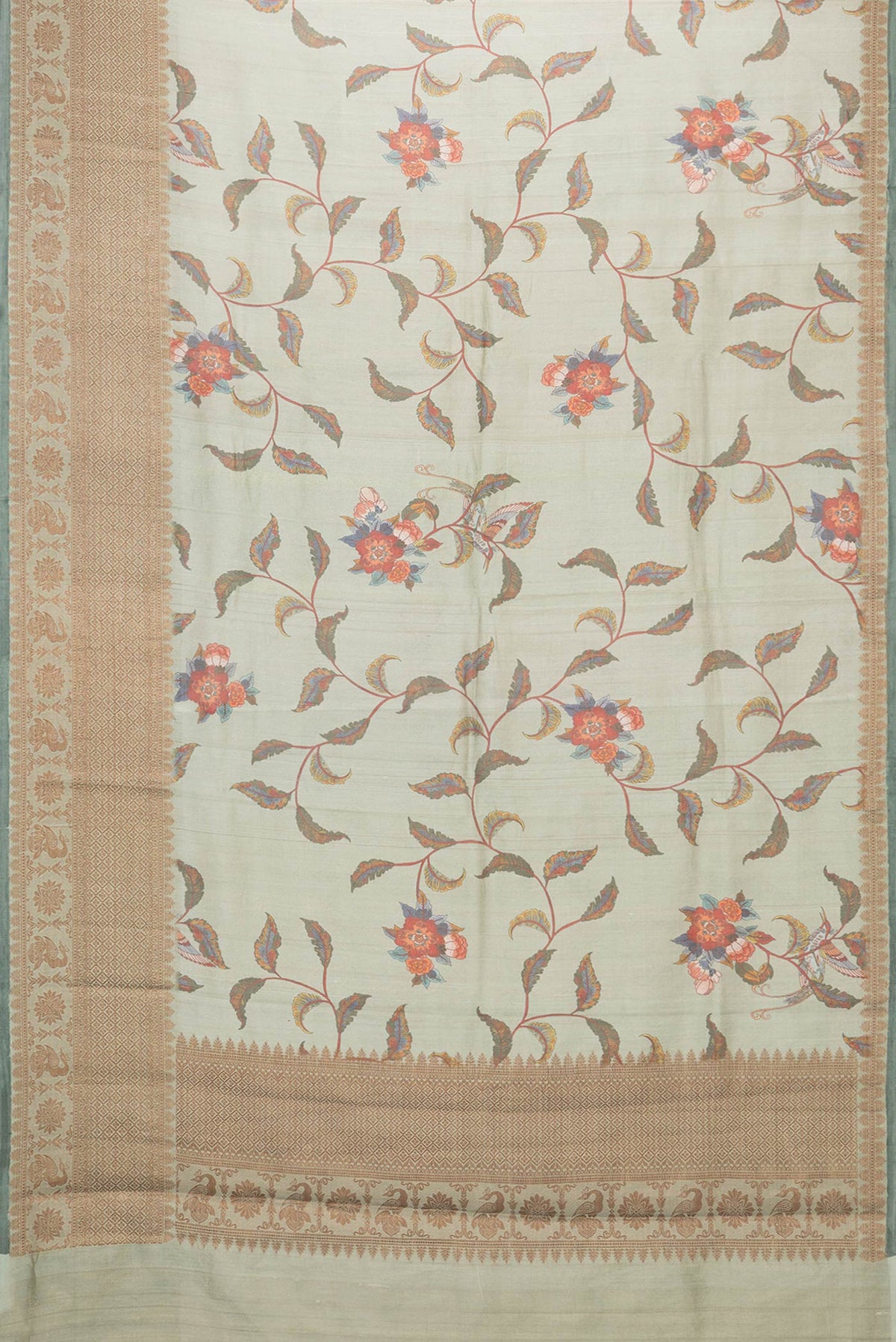 Flat view of Pista Green Dual Tone Tussar Silk Saree with Printed design on the body and Thread Border. 