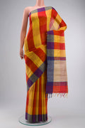 Multi Color Tussar Silk Saree with Checked design on the body and Checks Border displayed on a mannequin