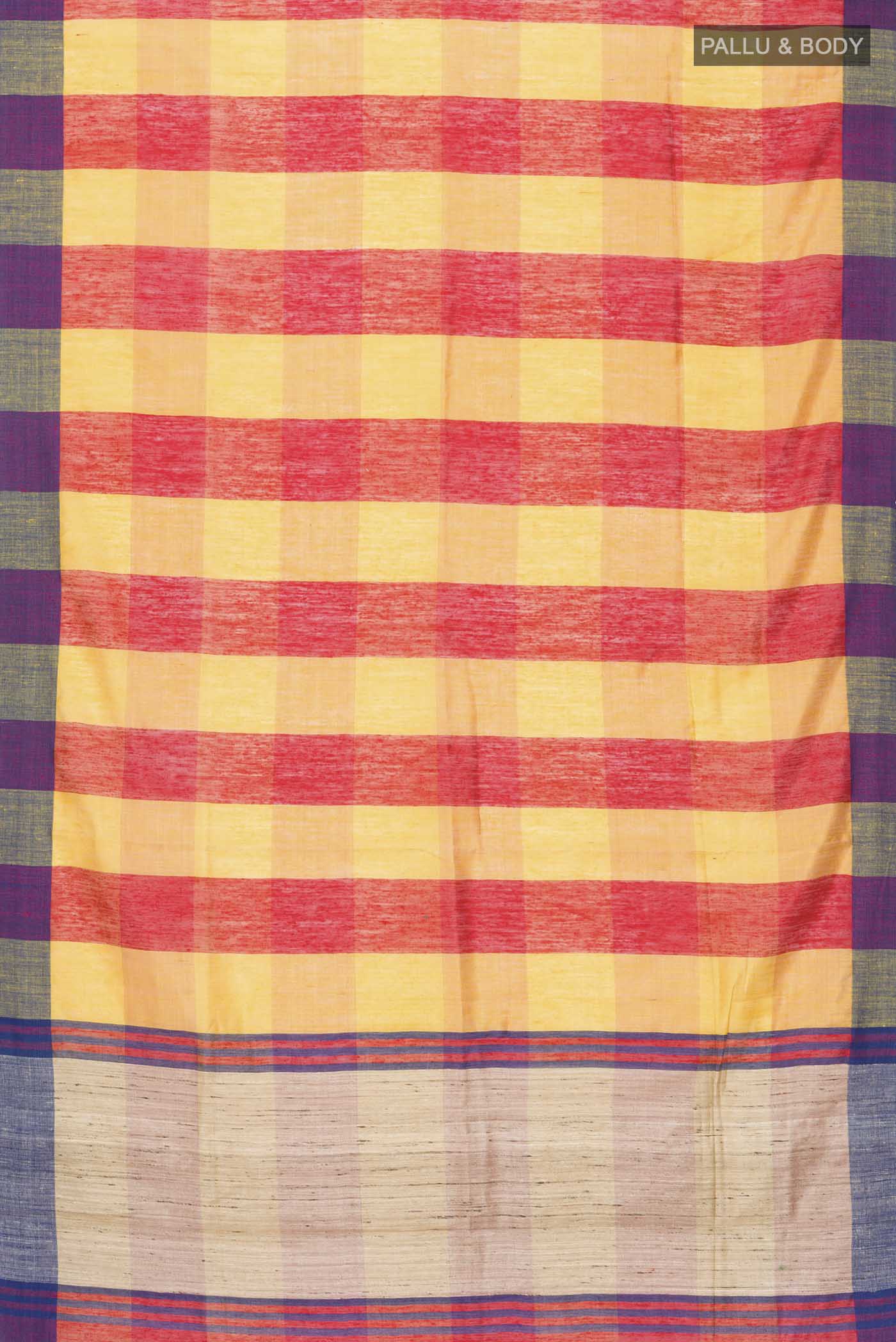 Flat view of Multi Color Tussar Silk Saree with Checked design on the body and Checks Border