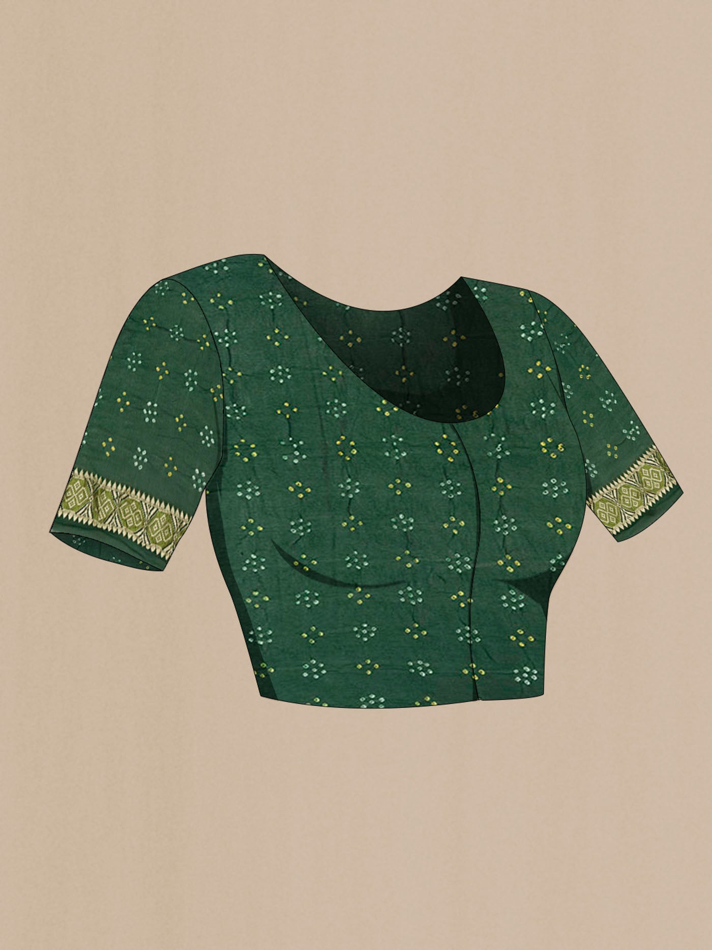 Close up image of the blouse of Green Banarasi Georgette Saree with Bandhani Print on the body and Zari Border