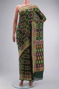 Green Banarasi Georgette Saree with Bandhani Print on the body and Zari Border displayed on a mannequin