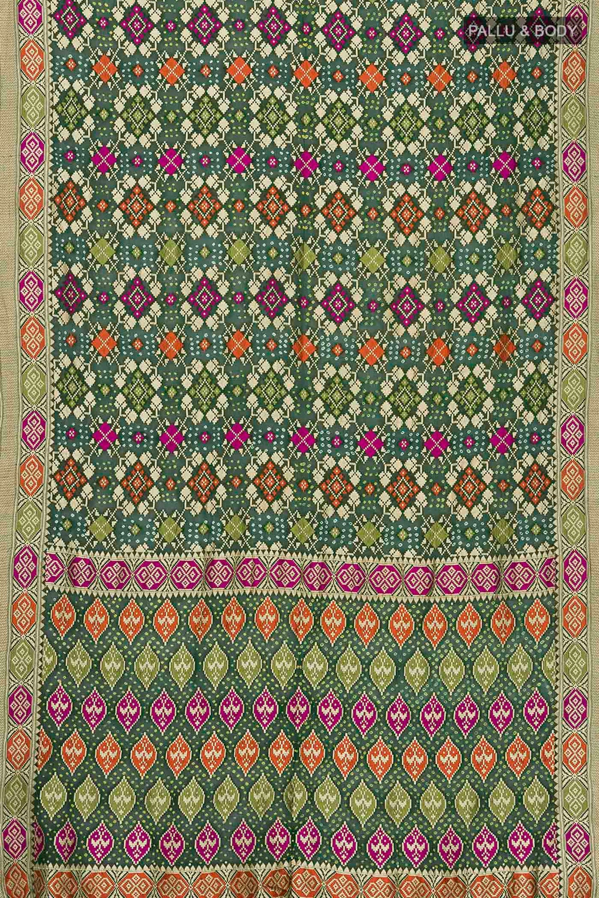 Flat view of Green Banarasi Georgette Saree with Bandhani Print on the body and Zari Border