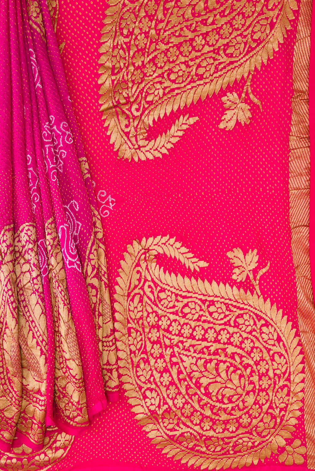 Pleats and pallu of Pink Dual Tone Bandhani Silk Saree with Bandhani Print on the body and Fancy Border. 