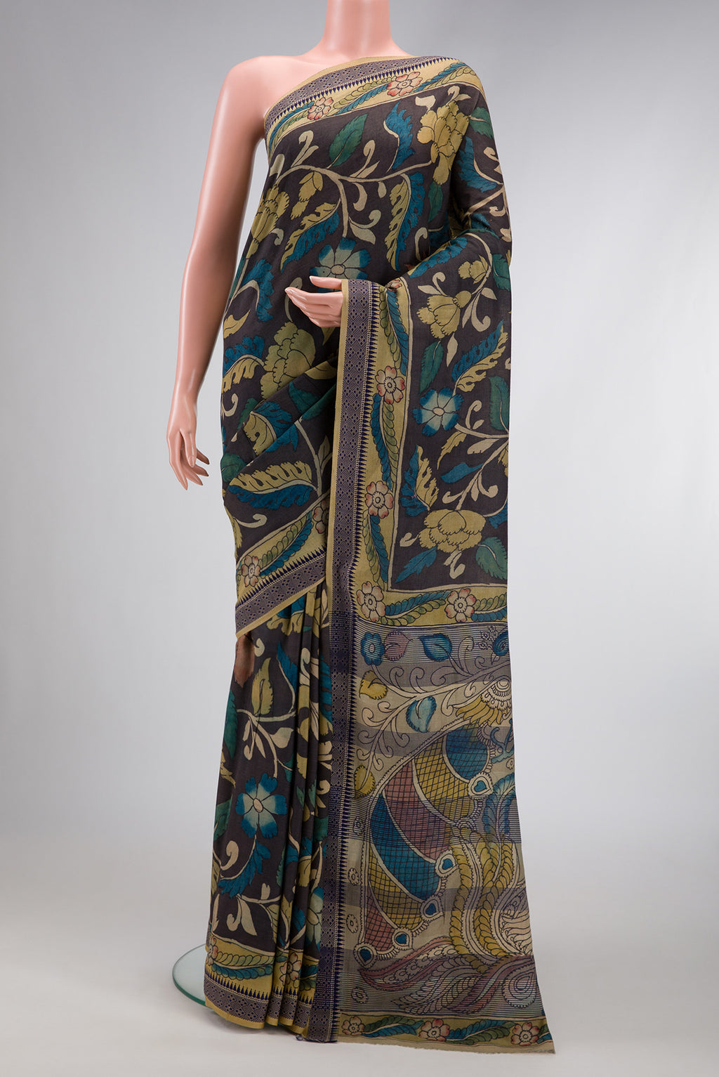 Brown Dual Tone Tussar Silk Saree with Printed design on the body and Printed Border.  displayed on a mannequin