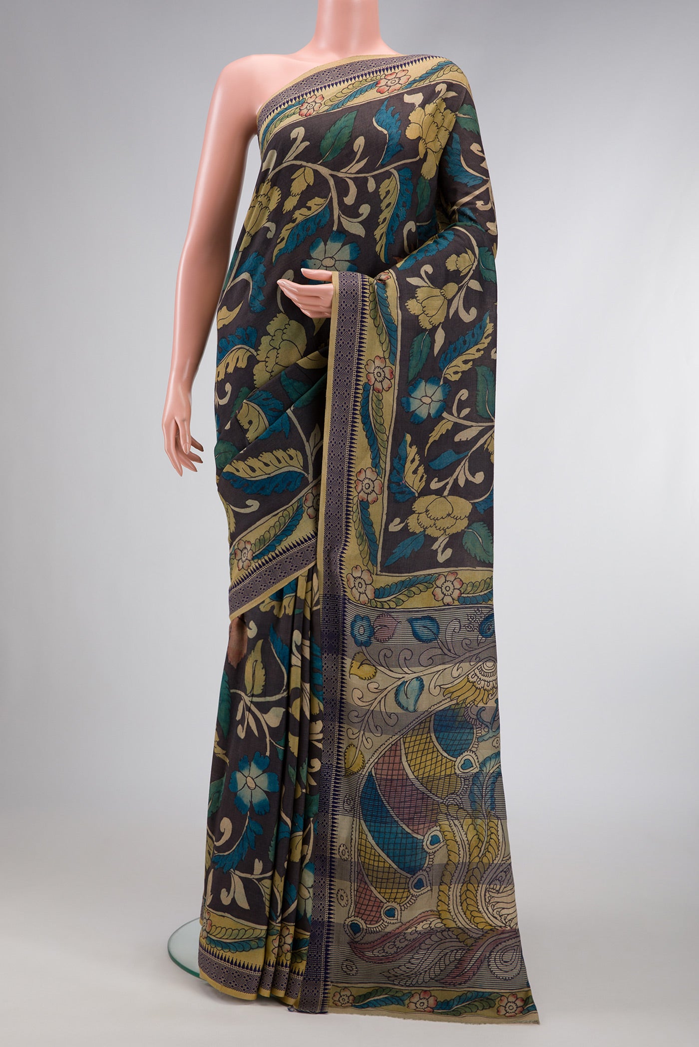 Brown Dual Tone Tussar Silk Saree with Printed design on the body and Printed Border.  displayed on a mannequin