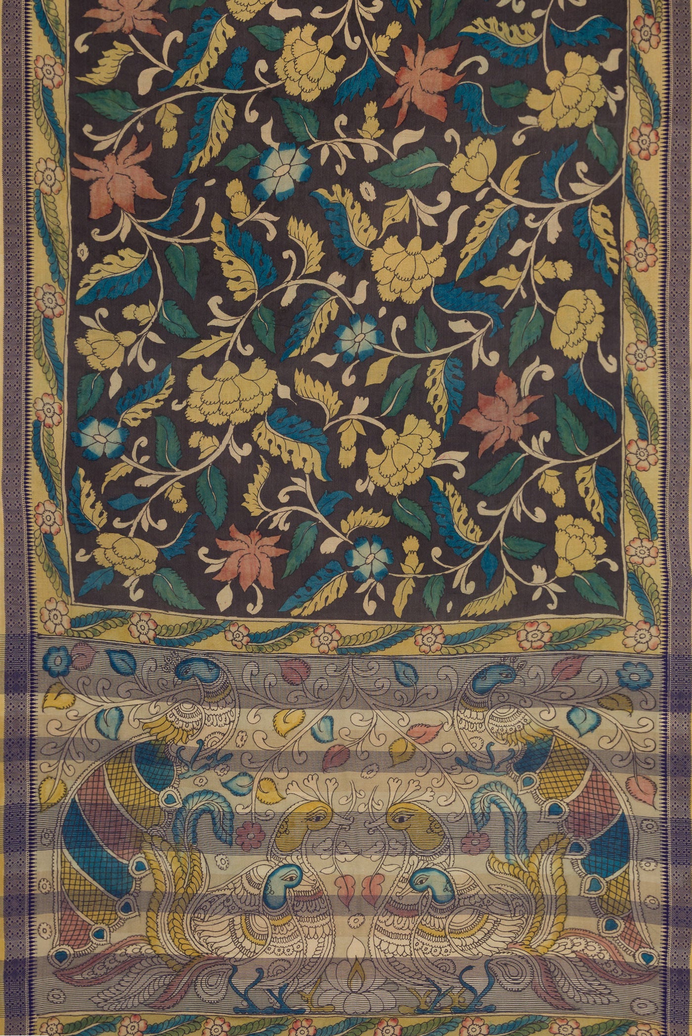 Flat view of Brown Dual Tone Tussar Silk Saree with Printed design on the body and Printed Border. 