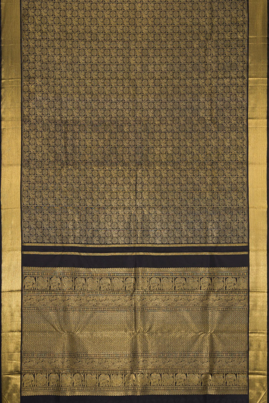 Flat view of Pure Silk Pure Zari Black Dual Tone Kanjivaram Saree with Zari Brocade on the body and Zari Border. 