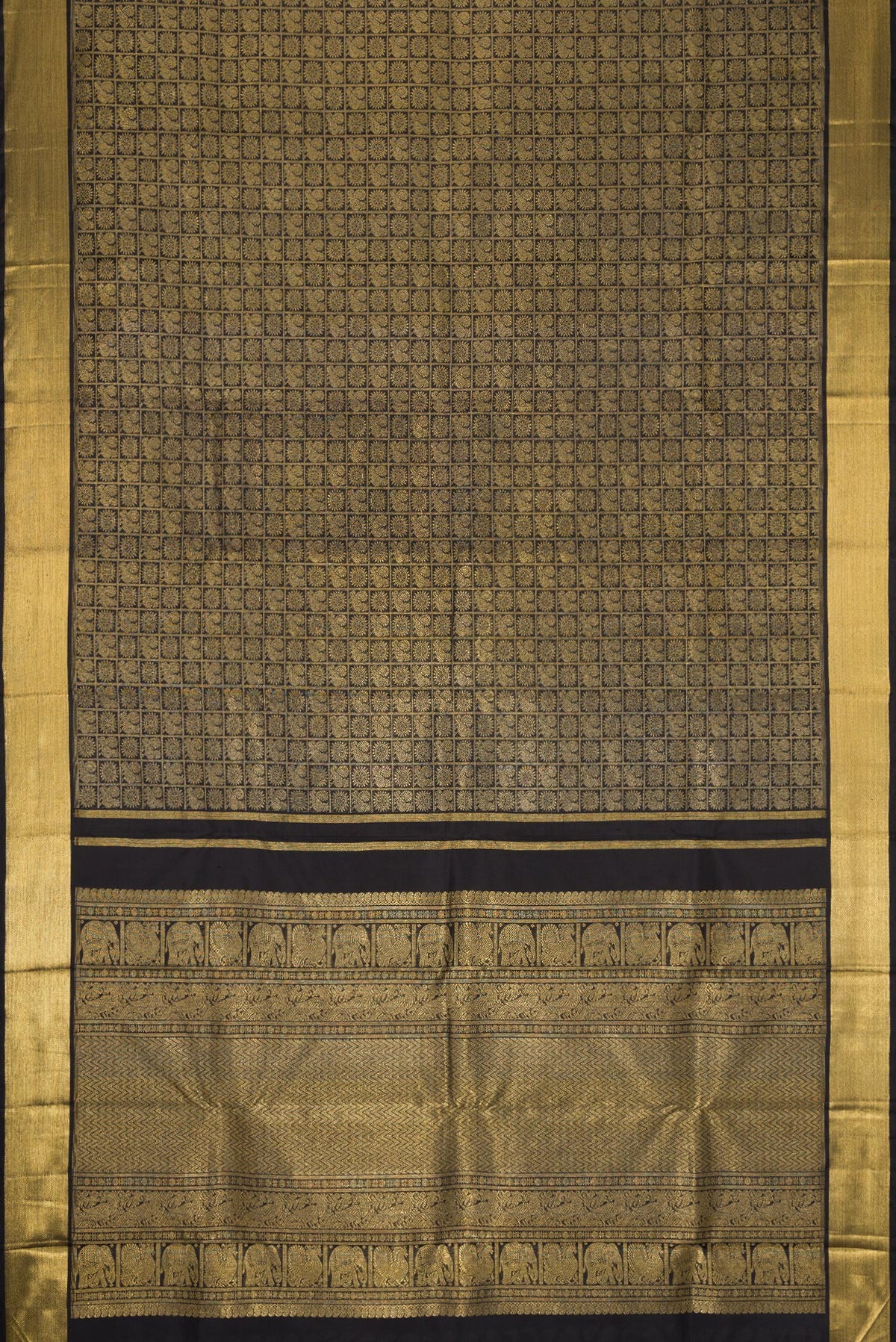 Flat view of Pure Silk Pure Zari Black Dual Tone Kanjivaram Saree with Zari Brocade on the body and Zari Border. 
