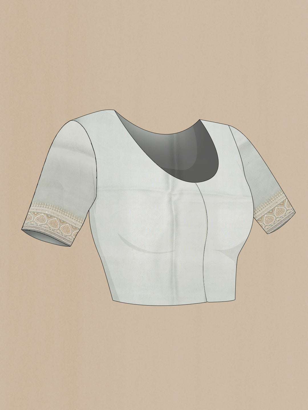 Close up image of the blouse of Grey Dual Tone Organza Silk Saree with Printed design on the body and Embroidery Border. 