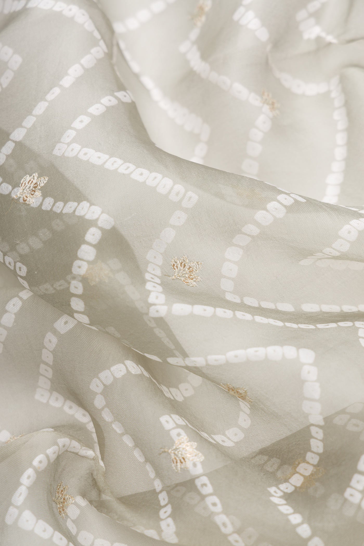 Close up of Grey Dual Tone Organza Silk Saree with Printed design on the body and Embroidery Border.  displaying folds