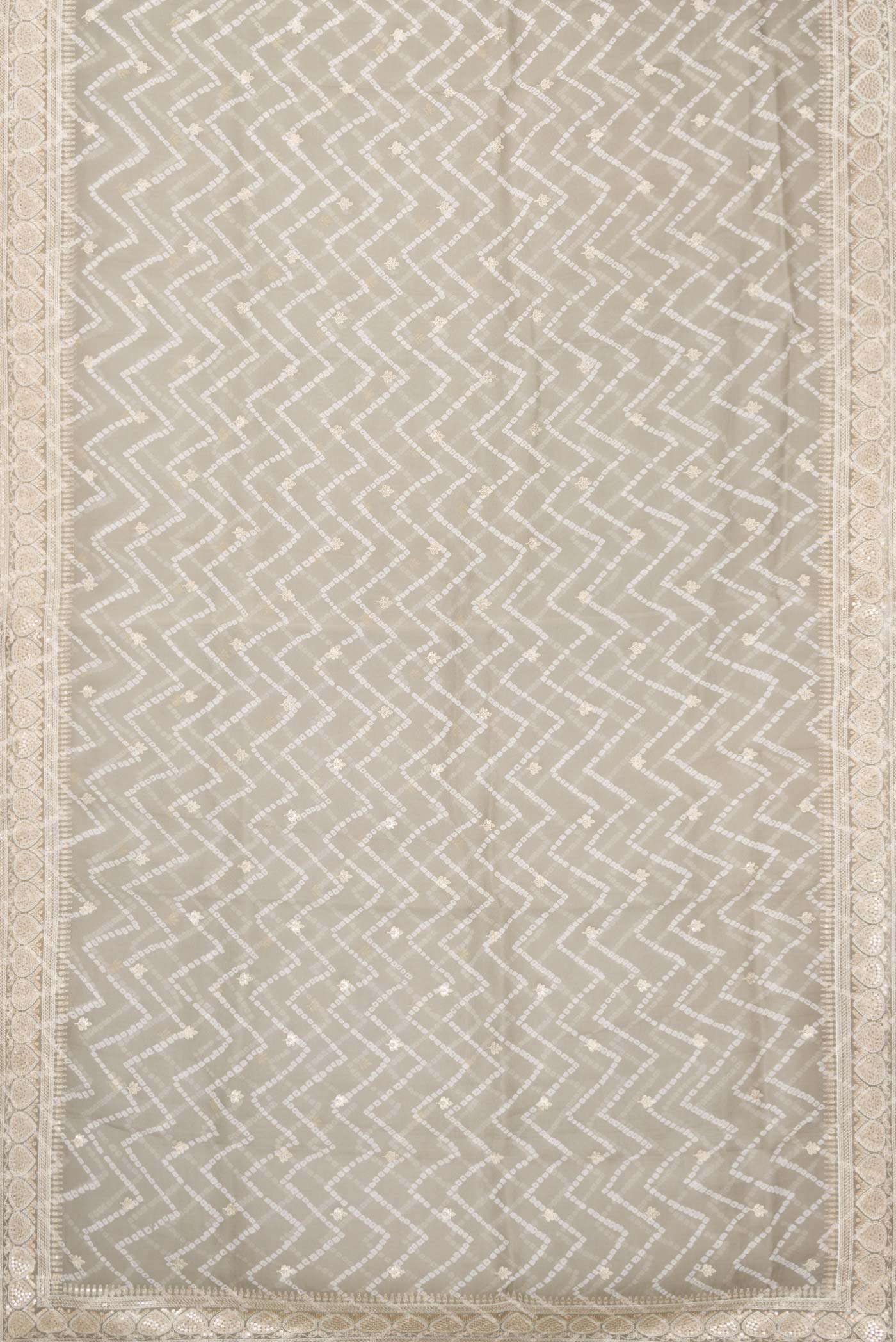 Flat view of Grey Dual Tone Organza Silk Saree with Printed design on the body and Embroidery Border. 