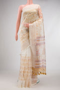 Off White Dual Tone Organza Silk Saree with Printed design on the body and Embroidery Border.  displayed on a mannequin