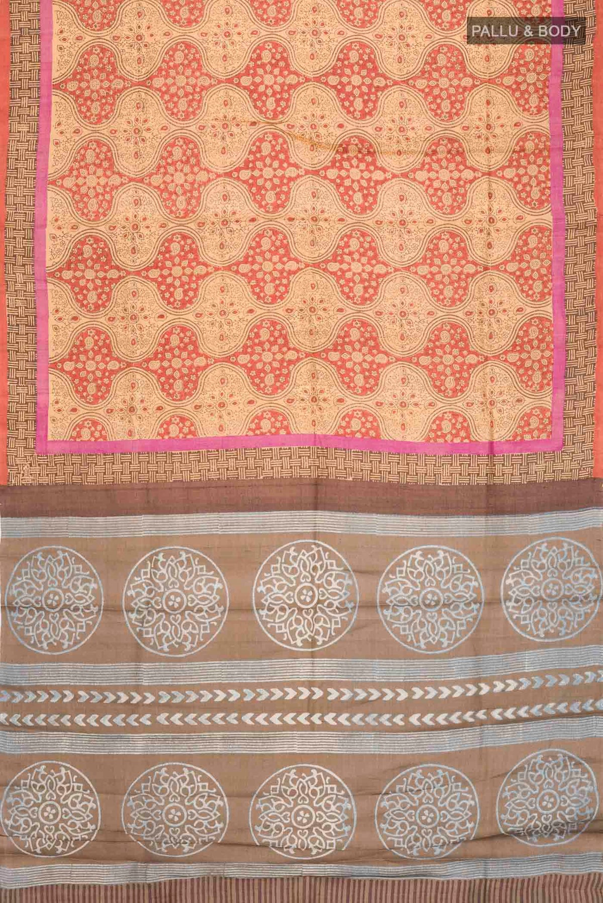 Flat view of Brown Tussar Silk Saree with Printed design on the body and Plain Border