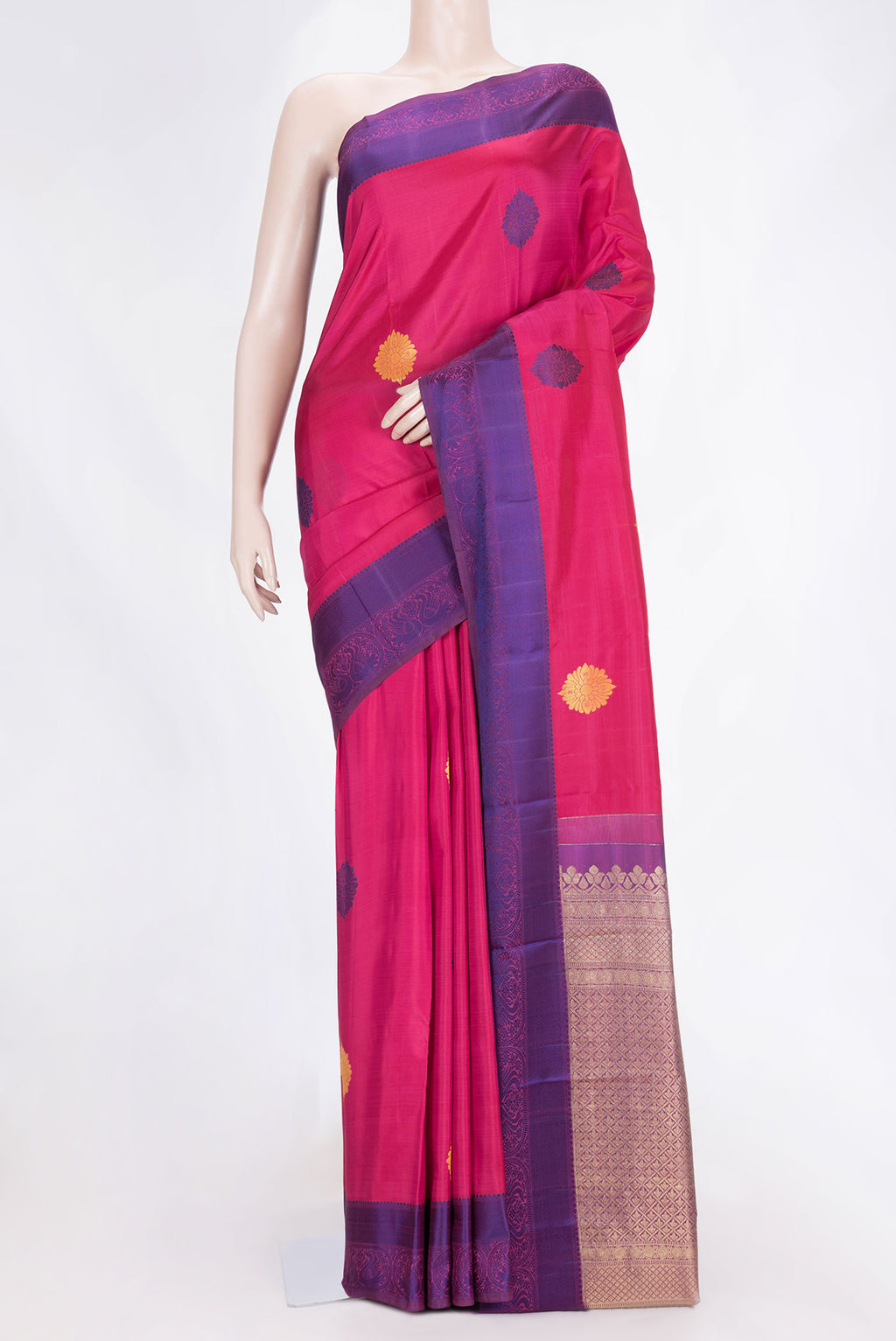Pink Dual Tone Kanjivaram Saree with Thread Butta on the body and Thread Border.  displayed on a mannequin