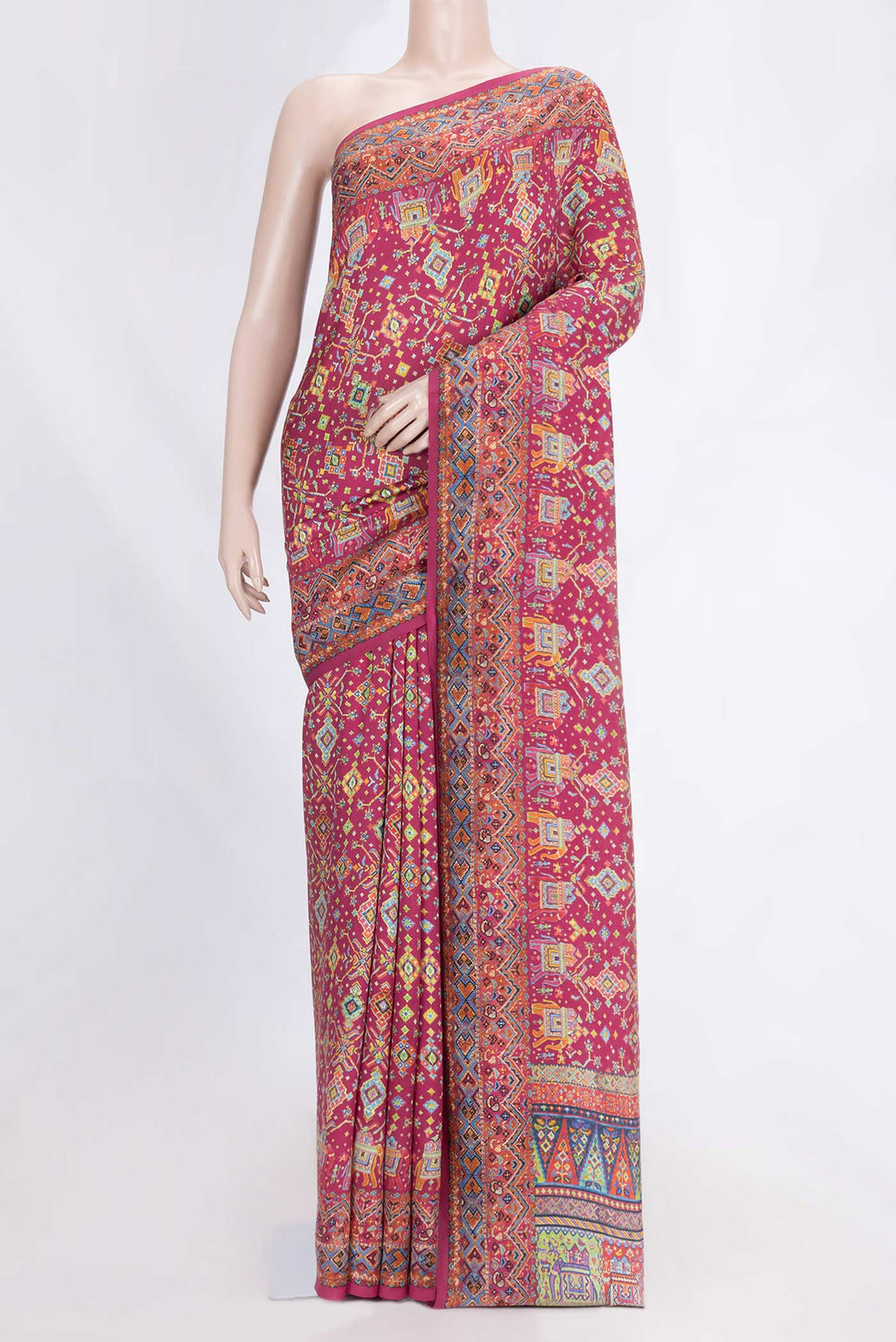 Pink Dual Tone Tussar Saree with Printed design on the body and Printed Border.  displayed on a mannequin