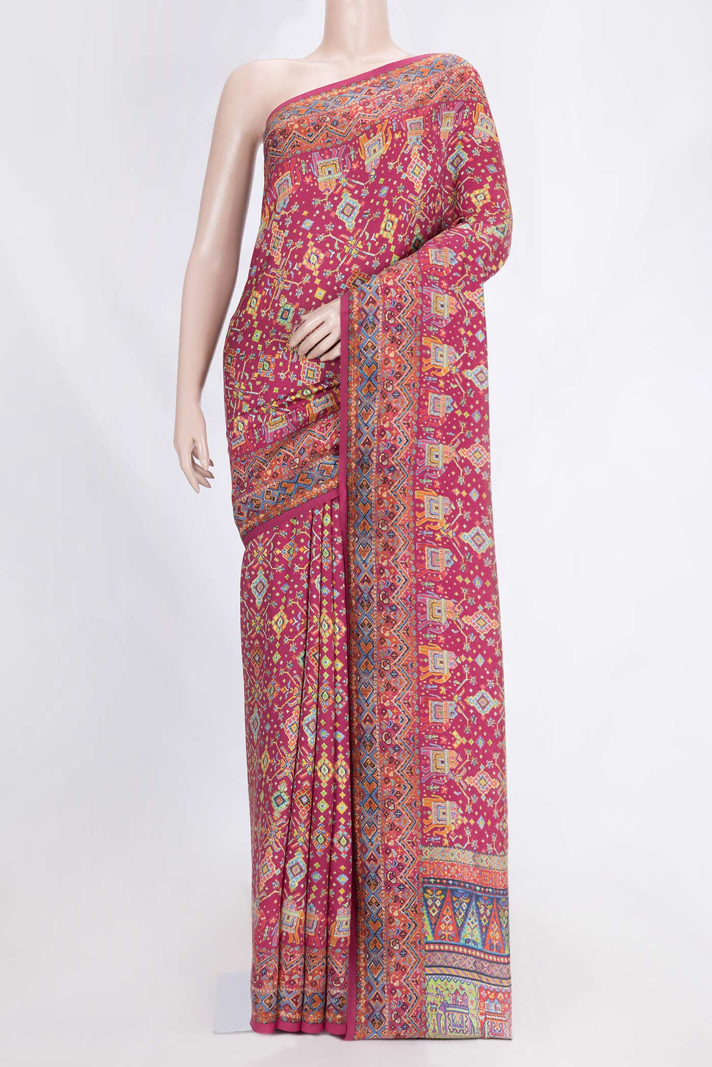 Pink Dual Tone Tussar Saree with Printed design on the body and Printed Border.  displayed on a mannequin