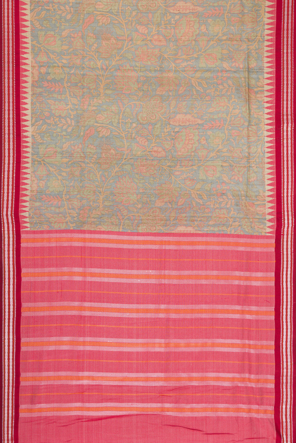 Flat view of Beige Dual Tone Tussar Silk Saree with Printed design on the body and Thread Border. 