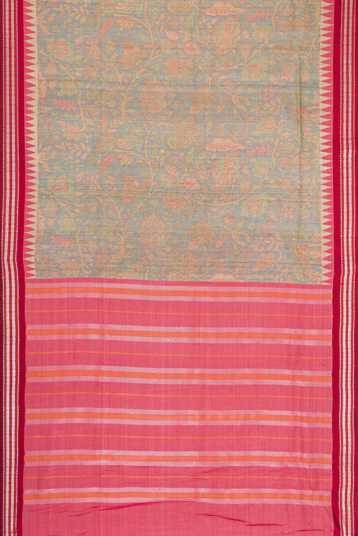 Flat view of Beige Dual Tone Tussar Silk Saree with Printed design on the body and Thread Border. 
