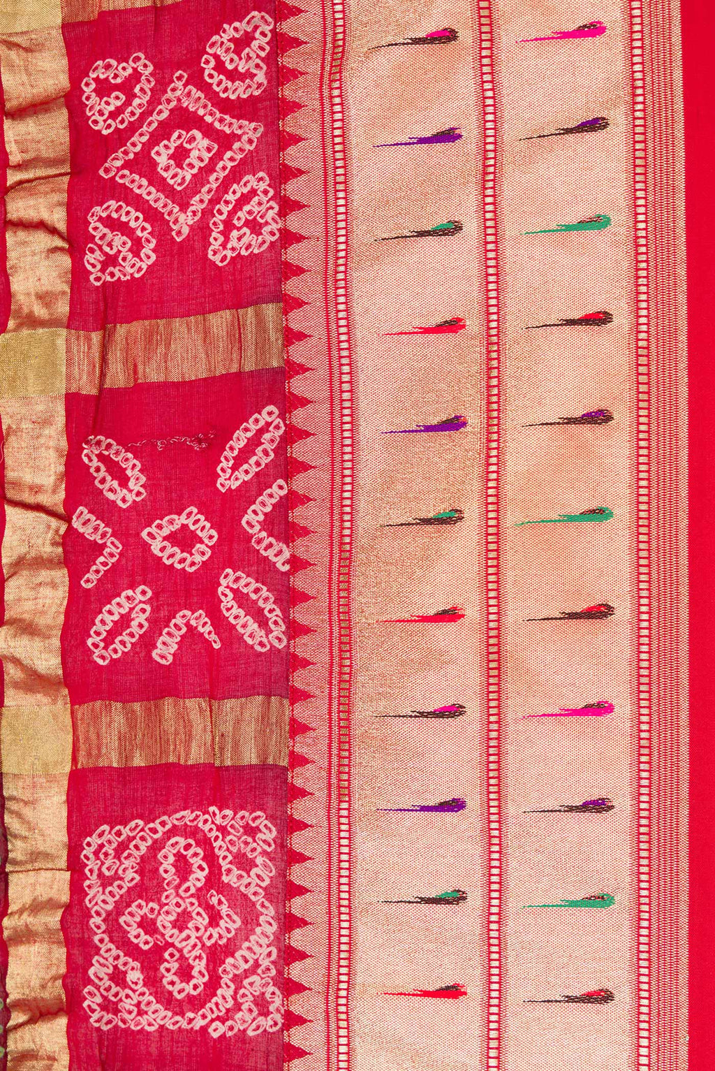Border image of Red Dual Tone Bandhani Silk Saree with Bandhani Print on the body and Paithani Border. 