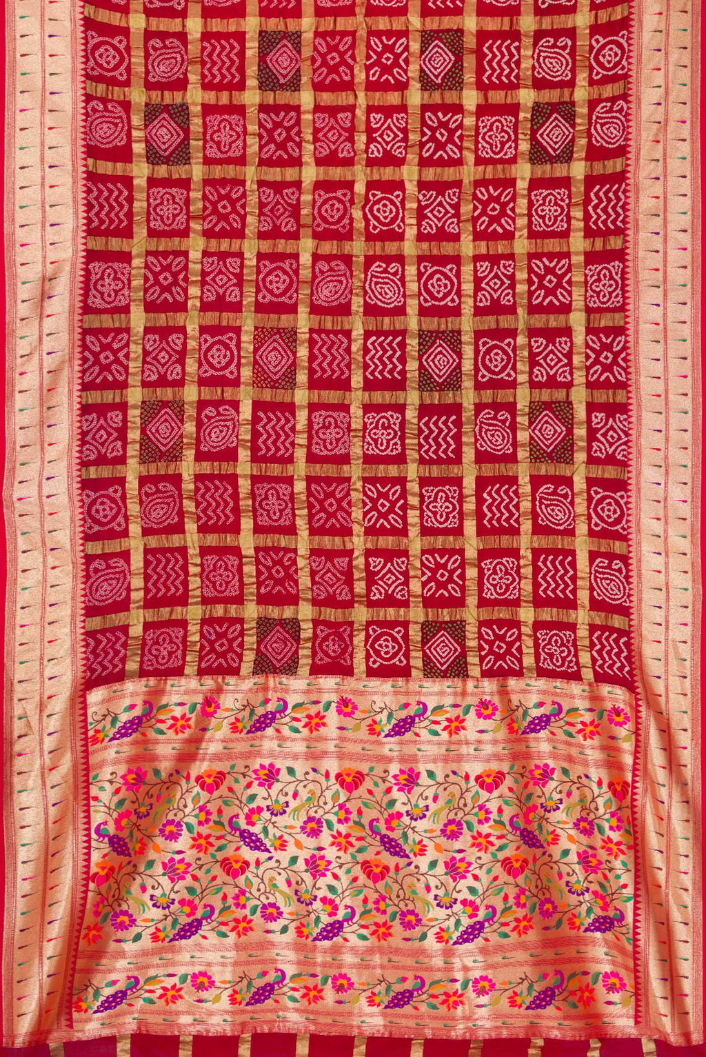 Flat view of Red Dual Tone Bandhani Silk Saree with Bandhani Print on the body and Paithani Border. 