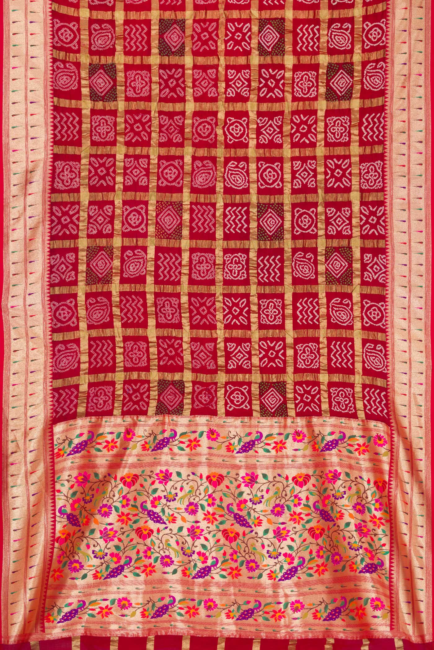 Flat view of Red Dual Tone Bandhani Silk Saree with Bandhani Print on the body and Paithani Border. 