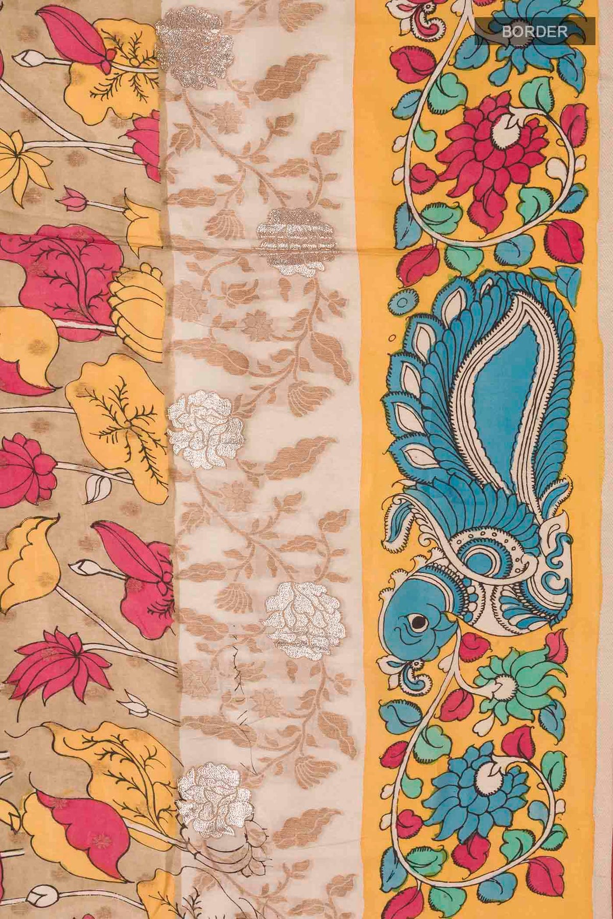 Border image of Beige Kalamkari Cotton Saree with kalamkari Print on the body and Zari Border