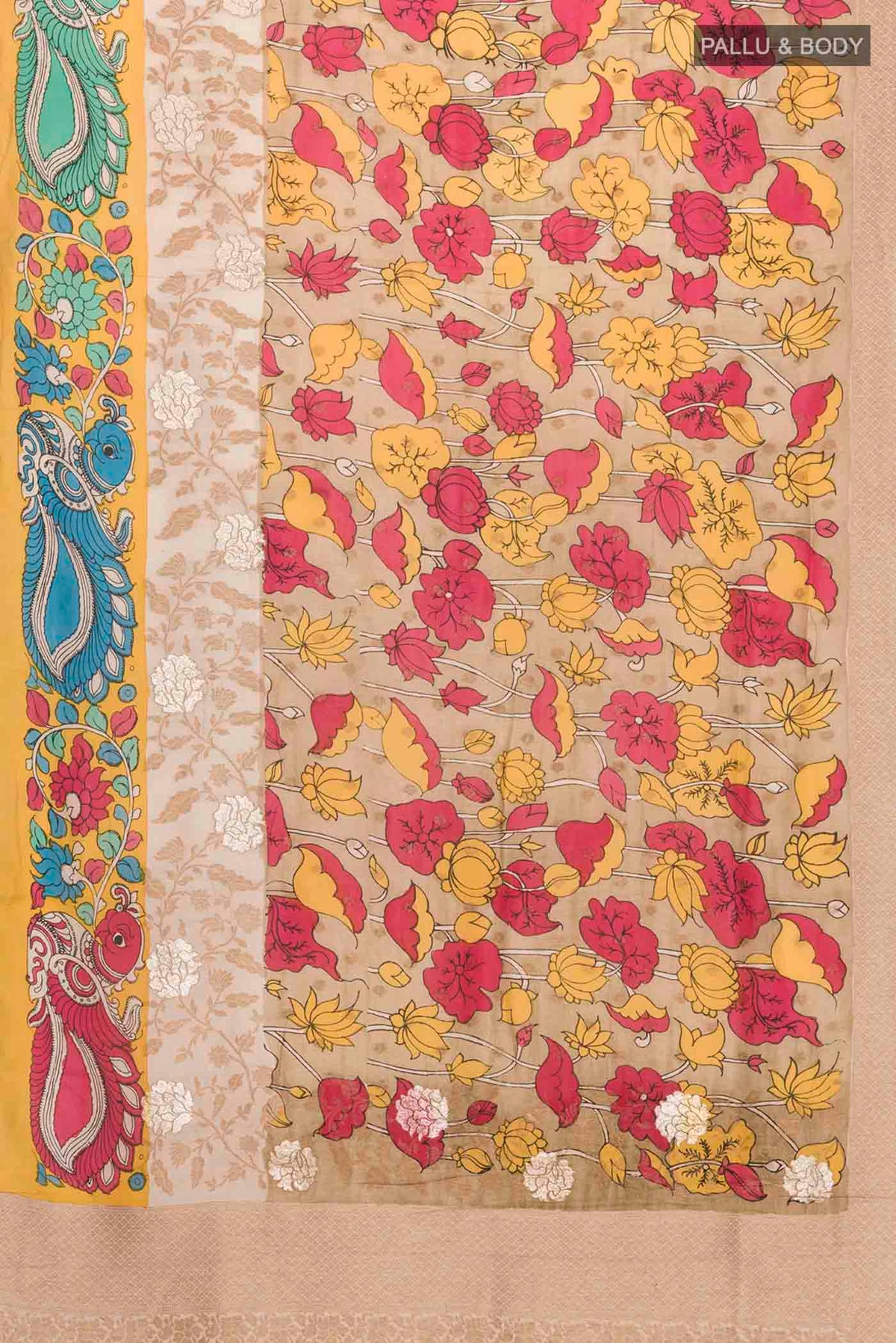 Flat view of Beige Kalamkari Cotton Saree with kalamkari Print on the body and Zari Border