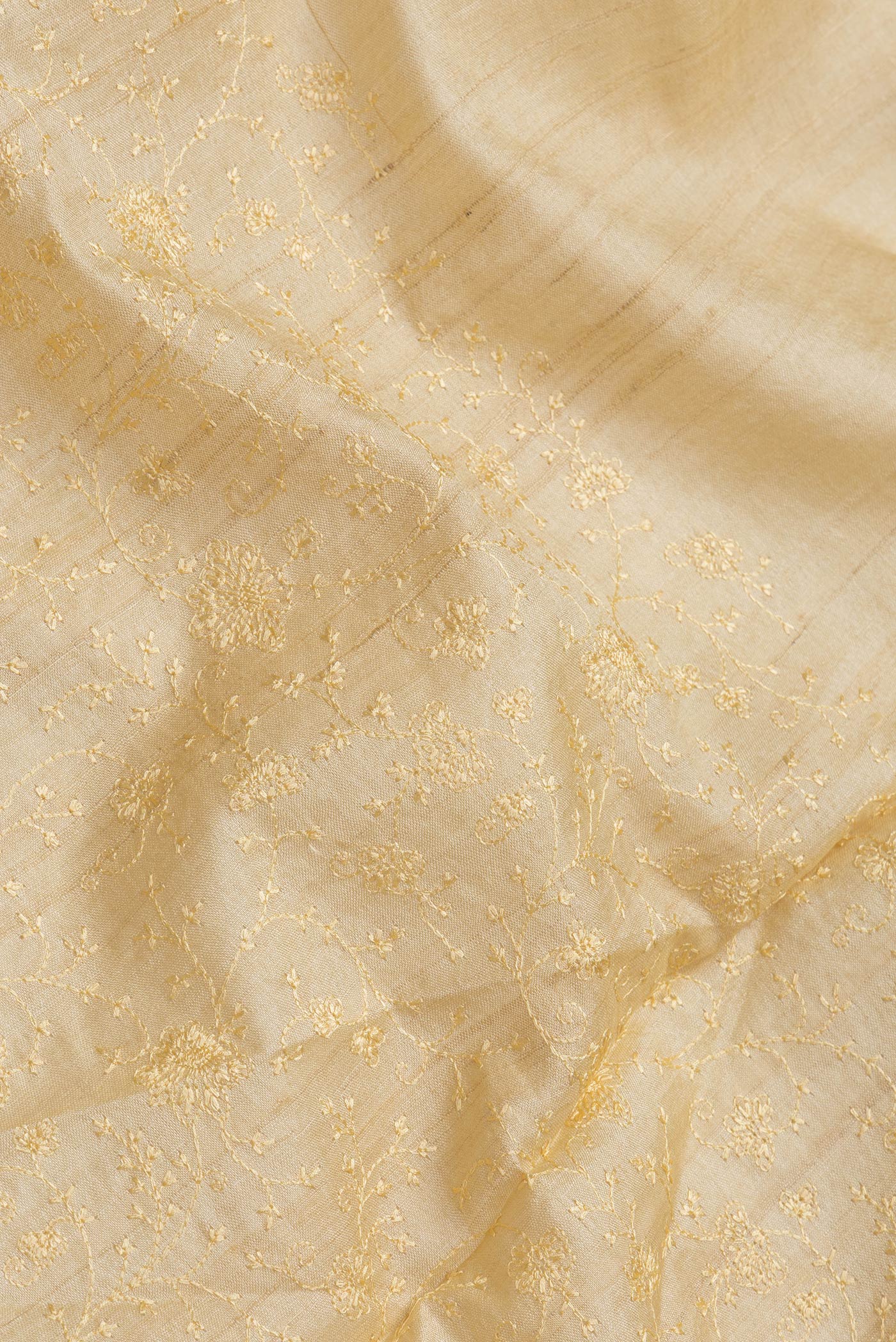 Close up of Sandal Dual Tone Tussar Silk Saree with Embroidery on the body and Embroidery Border.  displaying folds