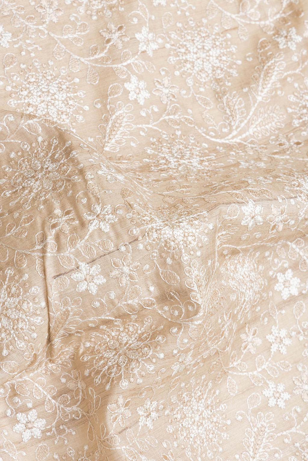 Close up of Beige Dual Tone Tussar Silk Saree with Embroidery on the body and Thread Border.  displaying folds