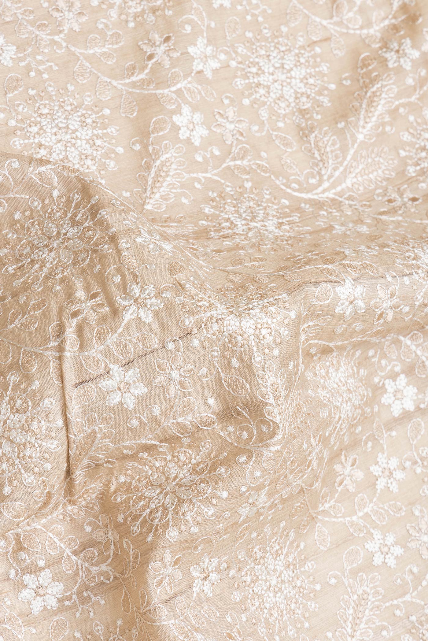 Close up of Beige Dual Tone Tussar Silk Saree with Embroidery on the body and Thread Border.  displaying folds