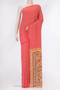 Red Dual Tone Mysore Crepe Saree with Bandhani Print on the body and Without Border.  displayed on a mannequin