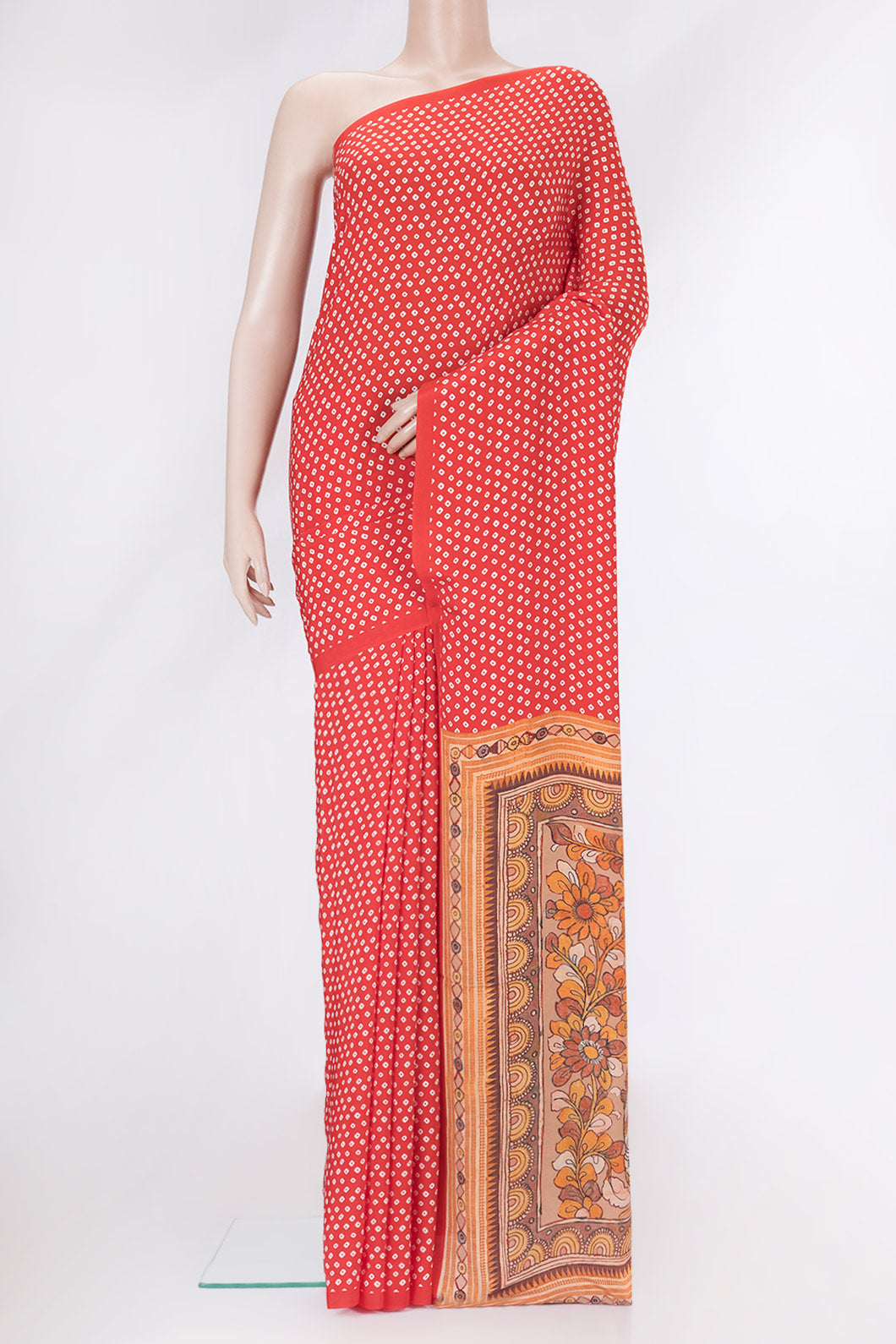 Red Dual Tone Mysore Crepe Saree with Bandhani Print on the body and Without Border.  displayed on a mannequin