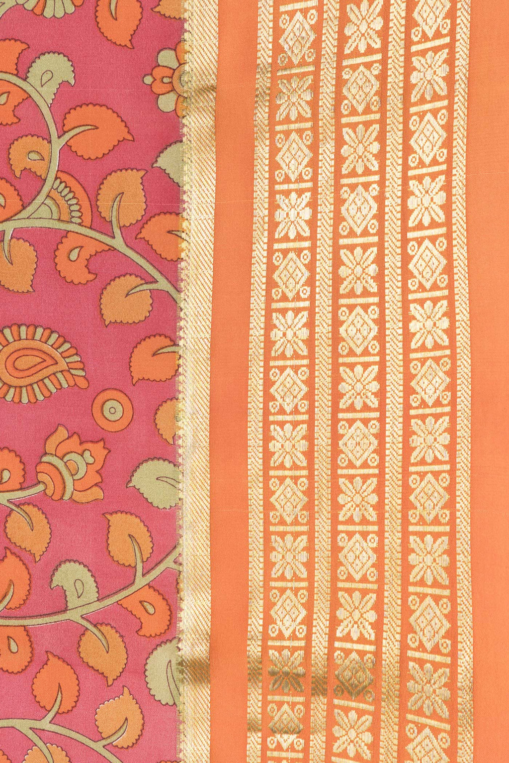Border image of Pink Dual Tone Mysore Crepe Saree with kalamkari Print on the body and Zari Border. 