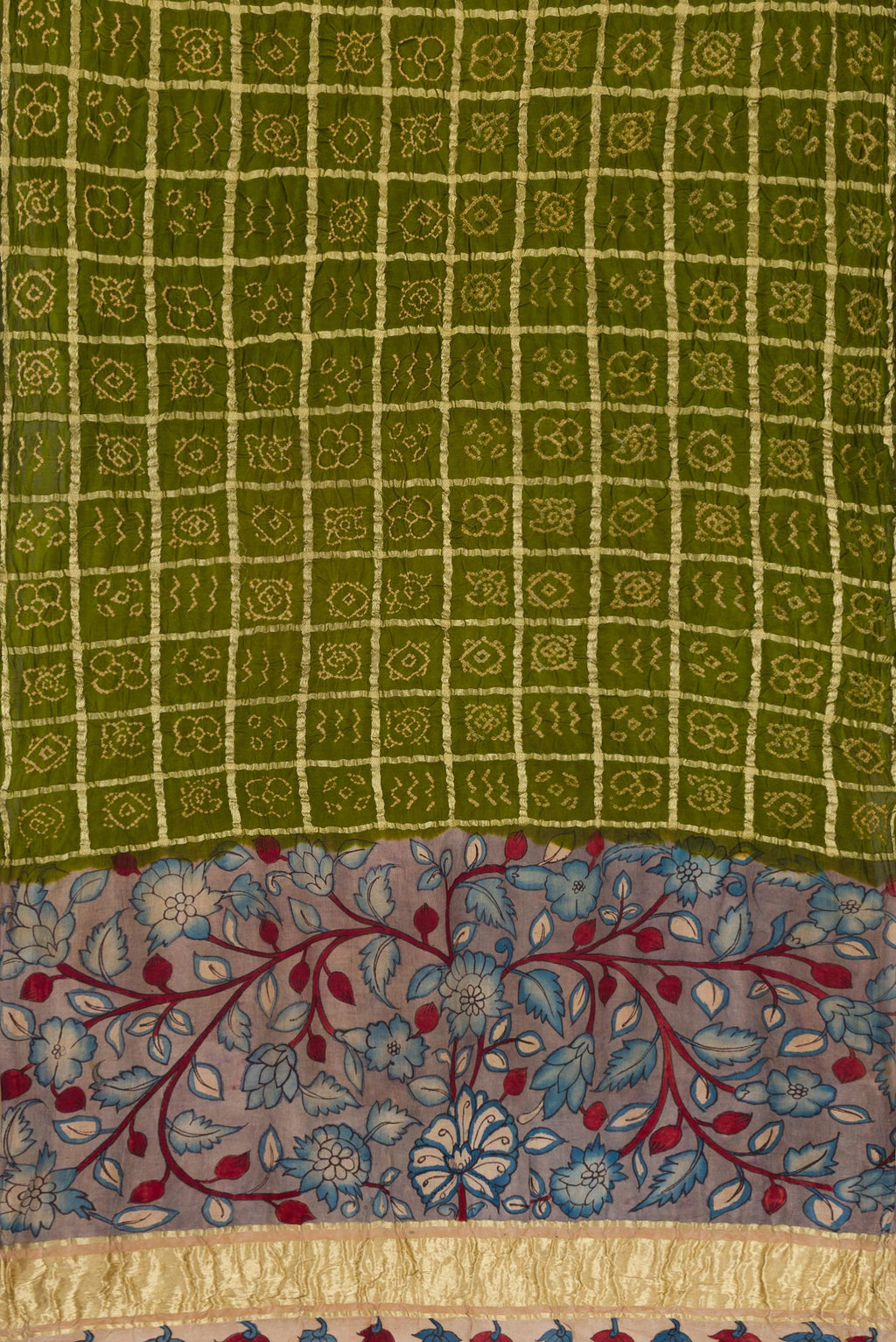 Flat view of Mehandi Green Dual Tone Bandhani Silk Saree with Bandhani Print on the body and Without Border. 