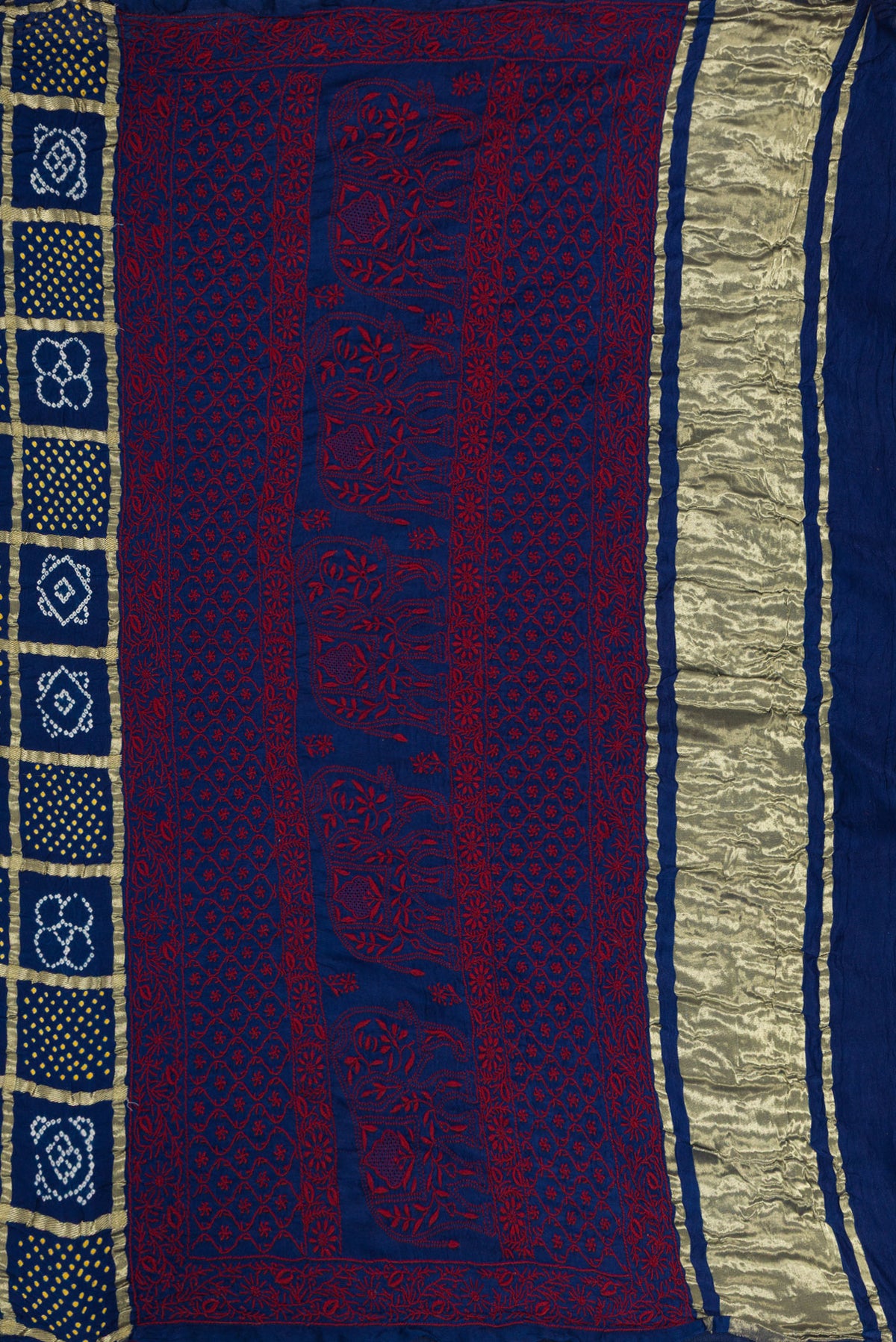 Close up image of the pallu of Navy Blue Dual Tone Bandhani Silk Saree with Bandhani Print on the body and Without Border. 