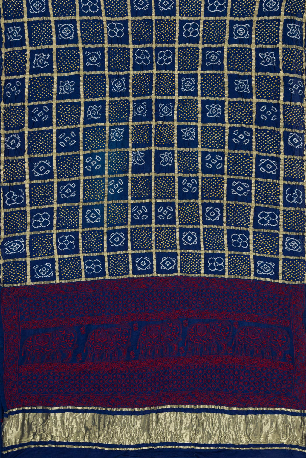 Flat view of Navy Blue Dual Tone Bandhani Silk Saree with Bandhani Print on the body and Without Border. 
