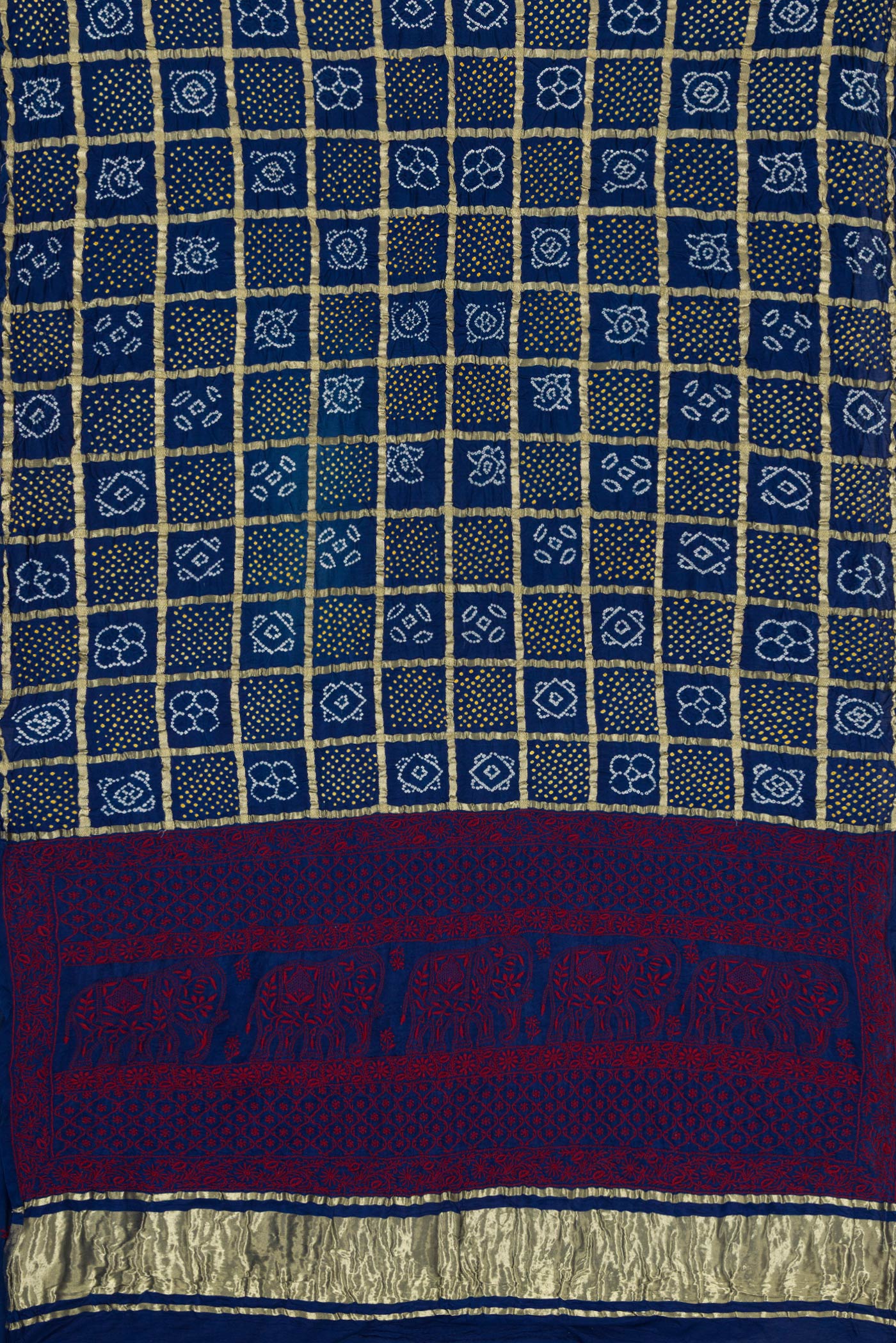 Flat view of Navy Blue Dual Tone Bandhani Silk Saree with Bandhani Print on the body and Without Border. 