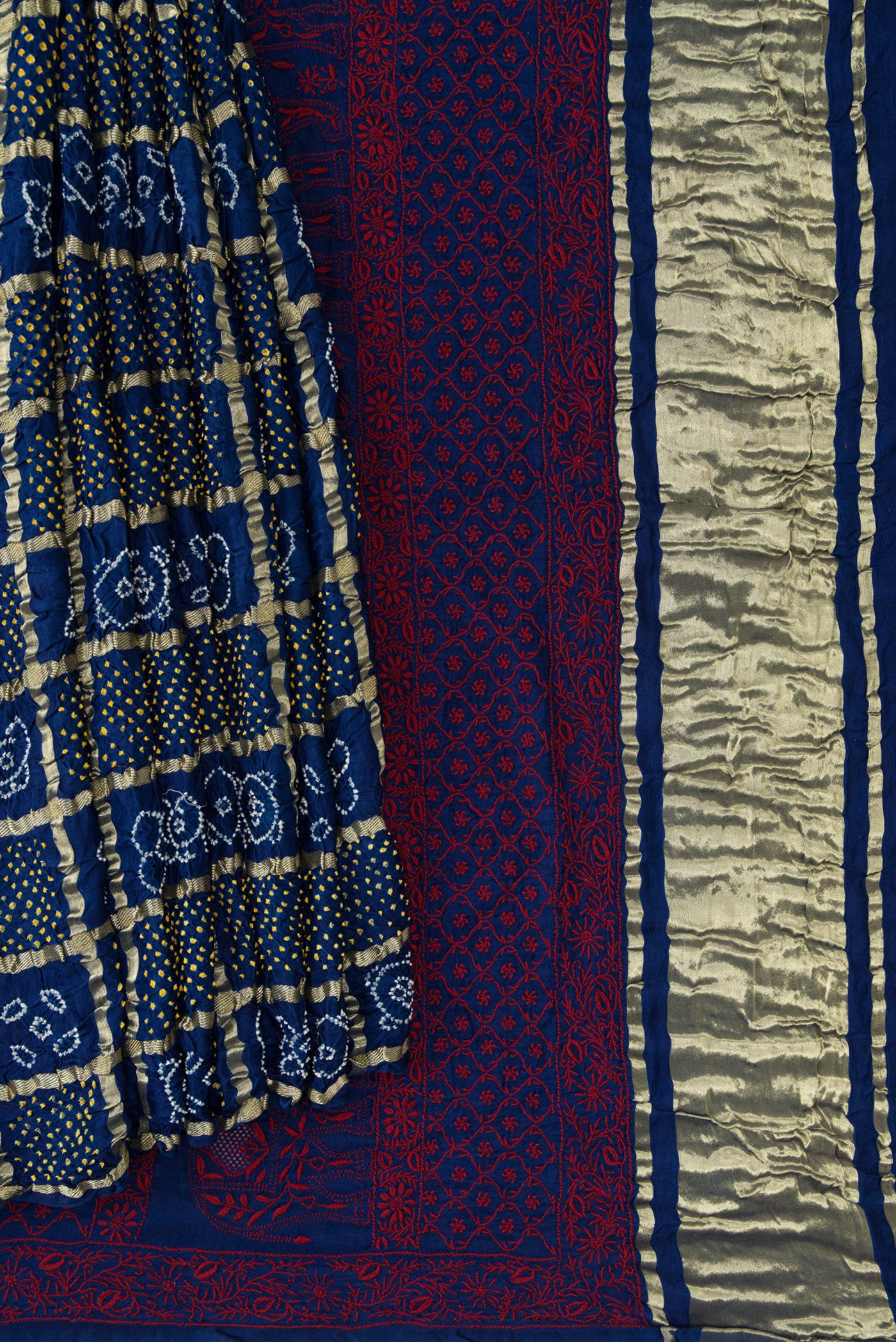 Pleats and pallu of Navy Blue Dual Tone Bandhani Silk Saree with Bandhani Print on the body and Without Border. 