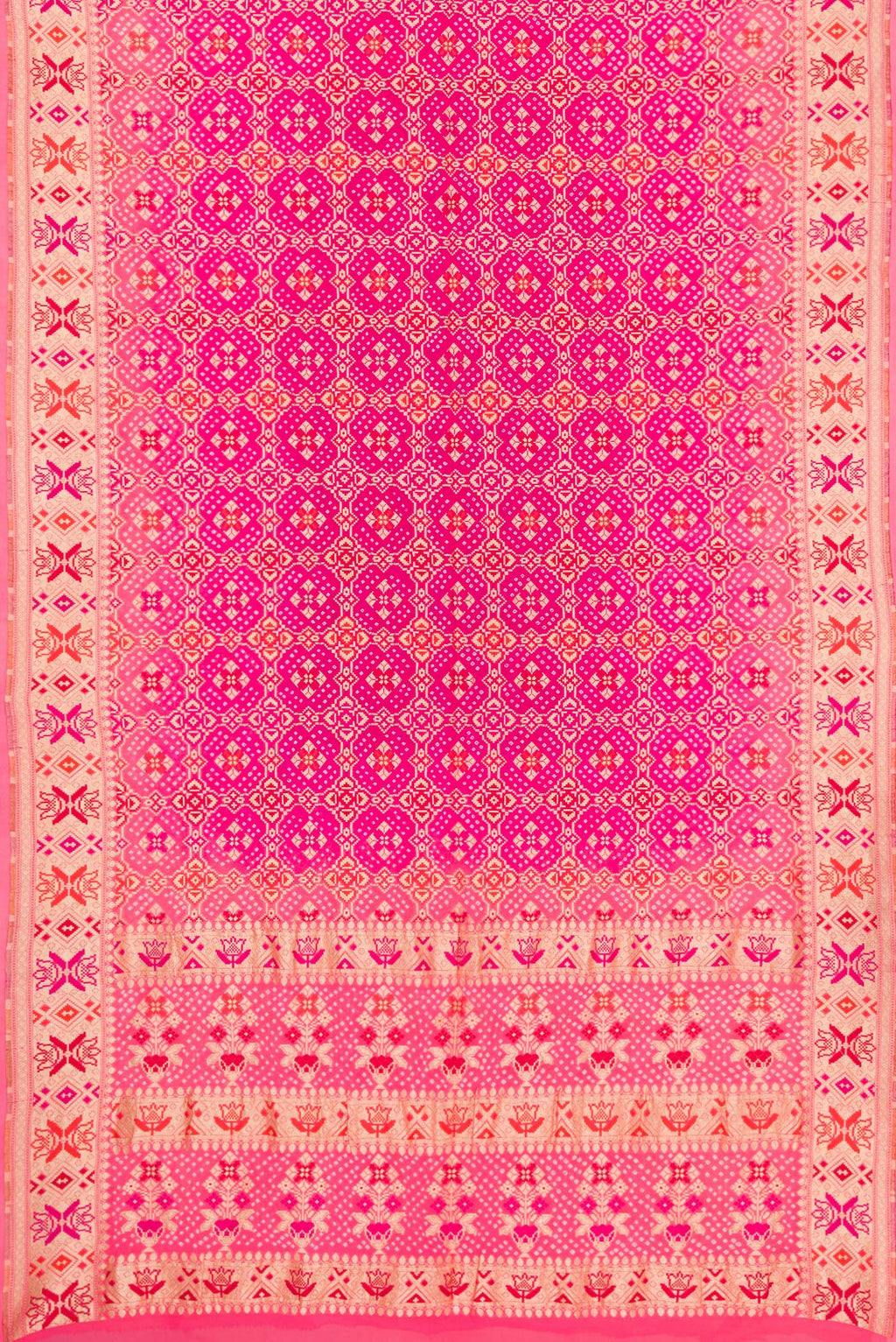 Flat view of Dark Pink Dual Tone Banarasi Georgette Saree with Zari Brocade on the body and Zari Border. 