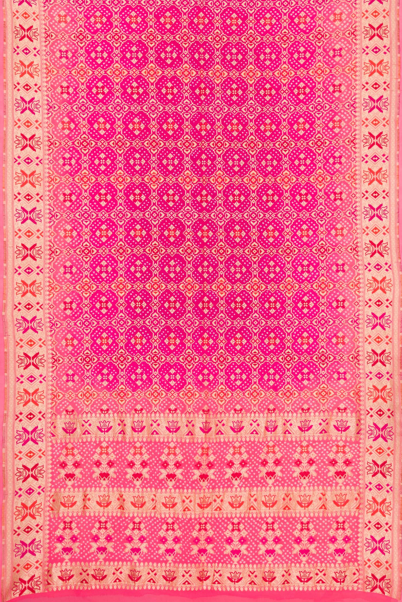 Flat view of Dark Pink Dual Tone Banarasi Georgette Saree with Zari Brocade on the body and Zari Border. 