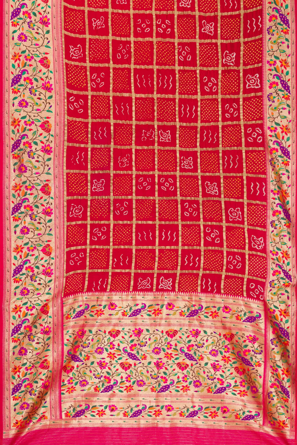 Flat view of Red Dual Tone Bandhani Silk Saree with Bandhani Print on the body and Fancy Border. 